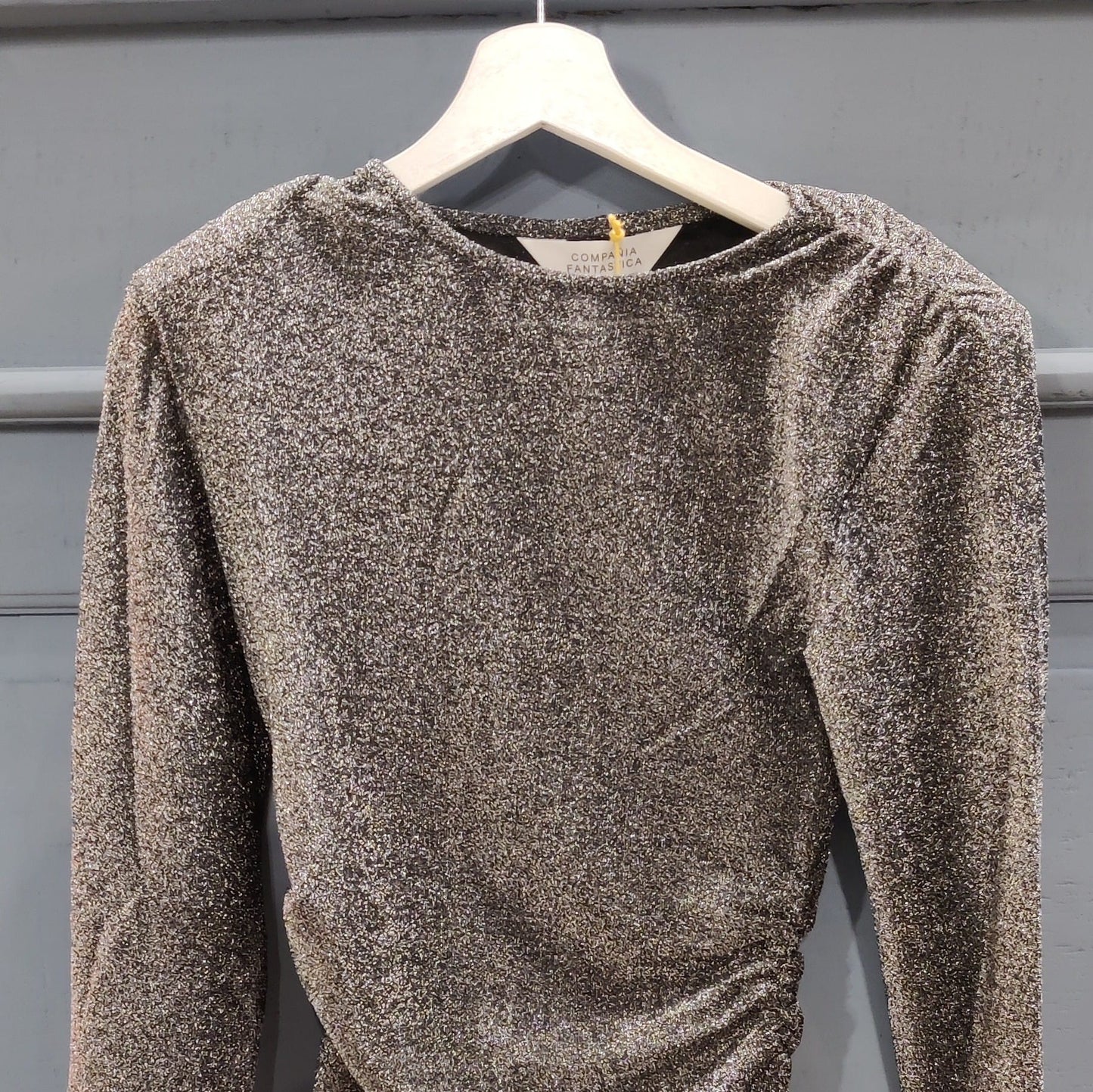 Top a maniche lunghe argentato brillante
