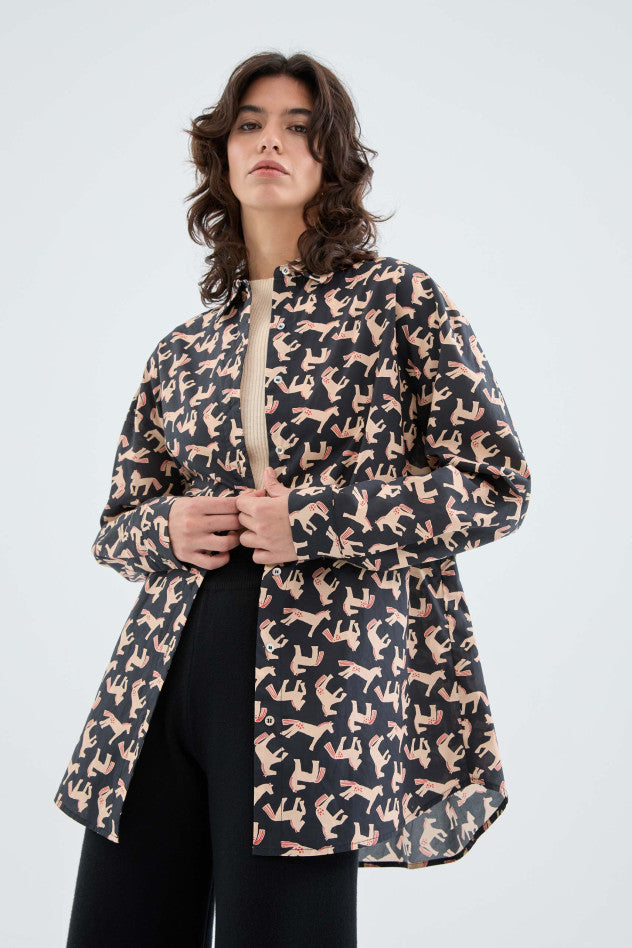 Camicia oversize in popeline con stampa di cavalli