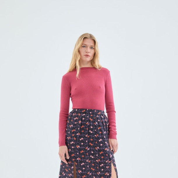 Maglione a coste con collo perkins rosa