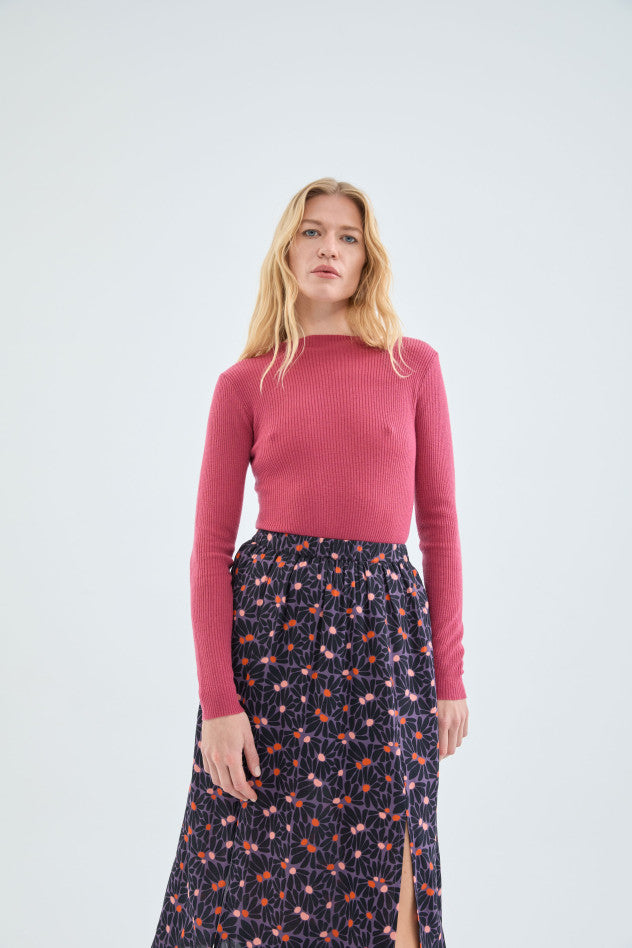 Maglione a coste con collo perkins rosa